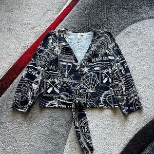 Joie Nautical Print Linen Blend Tie Front Blouse